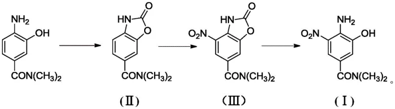 Reaction scheme showing the conversion of 3-hydroxy-4-amino-N,N-dimethyl benzamide to the benzoxazole intermediate (II), followed by nitration to (III) and hydrolysis to the final product (I)