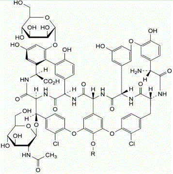 Chemical structure of teicoplanin single-components showing the core glycopeptide backbone and variable R groups