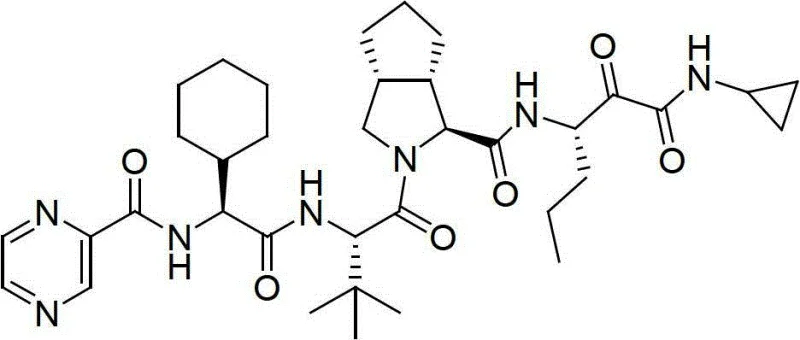 Chemical structure of Telaprevir showing the peptide backbone and cyclopropylamide group