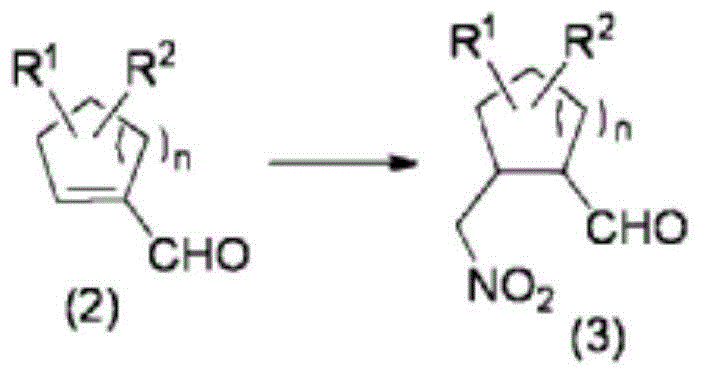 Reaction scheme for Step A showing organocatalytic conversion of aldehyde to nitroaldehyde