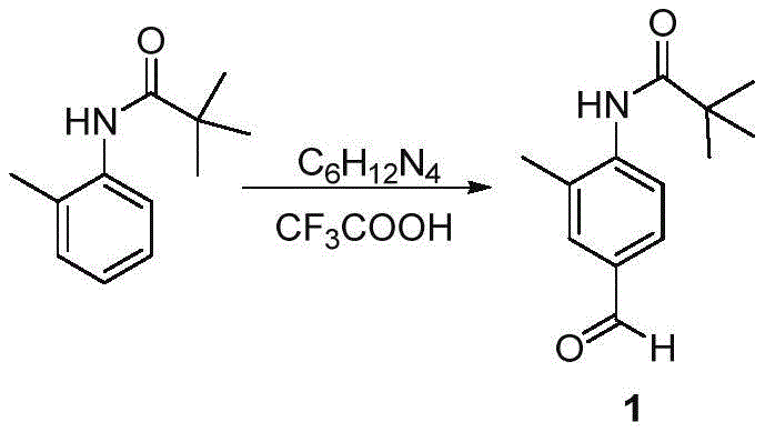 Reaction scheme showing the Duff reaction synthesis of Compound 1 from N-(o-tolyl)trimethylacetamide