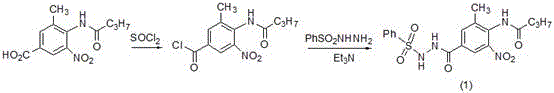 Step 1 synthesis showing acylation and hydrazide coupling to form Intermediate 1