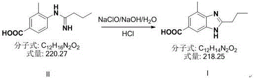 Oxidative cyclization using sodium hypochlorite to form the final benzimidazole ring
