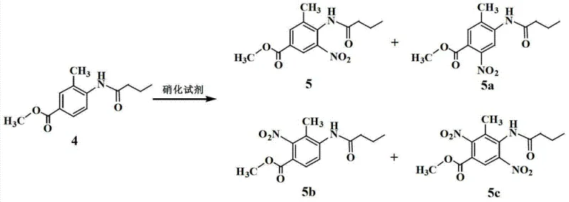 Nitration reaction showing formation of isomers 5a, 5b, and 5c alongside main product 5