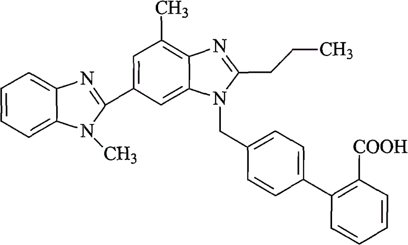 Chemical Structure of Telmisartan showing the benzimidazole and biphenyl carboxylic acid moieties