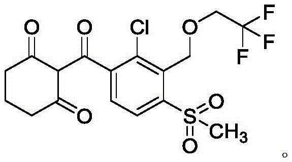 Chemical structure of Tembotrione showing the cyclohexane-1,3-dione core and substituted benzoyl group