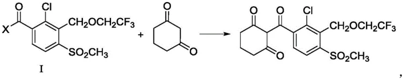 General reaction scheme for the novel base-catalyzed synthesis of Tembotrione from Formula I and 1,3-cyclohexanedione