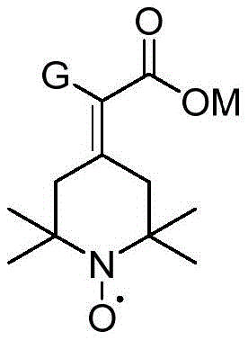 General chemical structure of 2-(2,2,6,6-tetramethylpiperidine nitroxide radical-4-subunit) acetic acid derivatives showing variable G and M groups