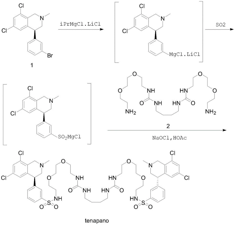Reaction scheme of the novel Grignard-SO2 insertion and oxidative amidation pathway