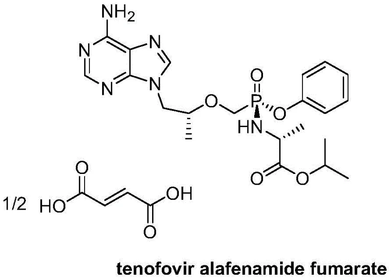 Chemical structure of Tenofovir Alafenamide Fumarate showing the complex P-chiral center