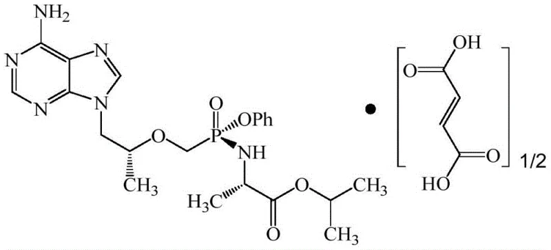 Chemical structure of Tenofovir Alafenamide (TAF) hemifumarate showing the complex phosphonate ester linkage