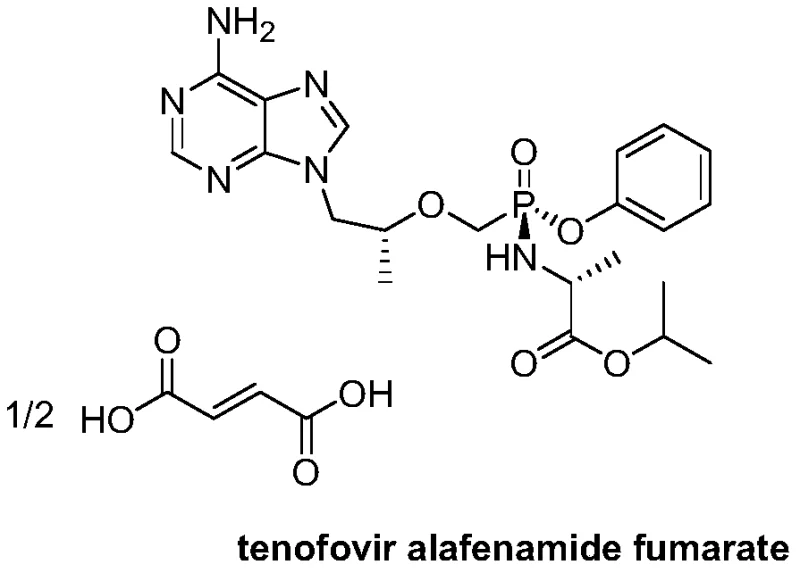 Chemical structure of Tenofovir alafenamide fumarate showing the complex ester and phosphate linkages