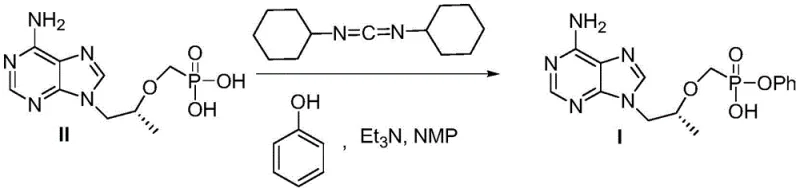 Reaction scheme showing the traditional DCC-mediated coupling of tenofovir with phenol producing difficult-to-remove urea byproducts