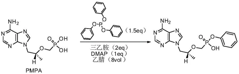 Prior art reaction scheme using triphenyl phosphite in acetonitrile showing inefficiencies