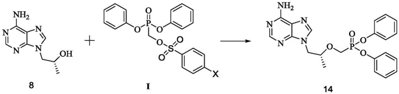 Nucleophilic coupling reaction forming Tenofovir Diphenyl Ester intermediate 14