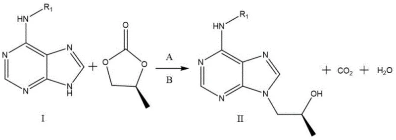 Reaction scheme showing the alkylation of adenine derivative I with S-propylene carbonate to form intermediate II