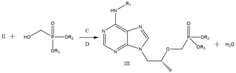 Reaction scheme depicting the Mitsunobu coupling of intermediate II with phosphonate to form intermediate III with inverted stereochemistry