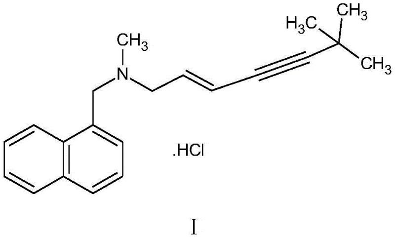 Chemical structure of Terbinafine Hydrochloride (Formula I) showing the naphthalene ring and enyne side chain