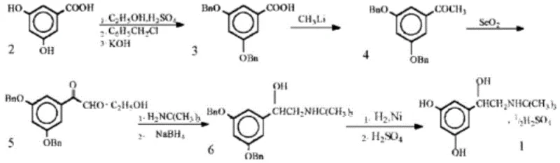 Complex multi-step conventional synthesis route for Terbutaline involving protection and hydrogenation