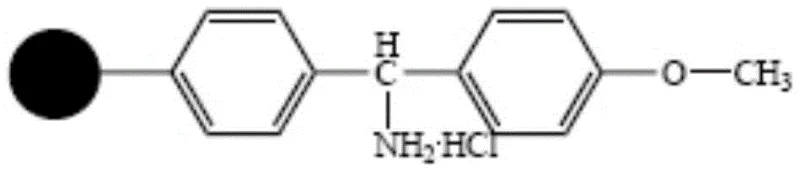 Chemical structure of the novel MOBHA resin showing the polystyrene backbone and methoxy-substituted linker