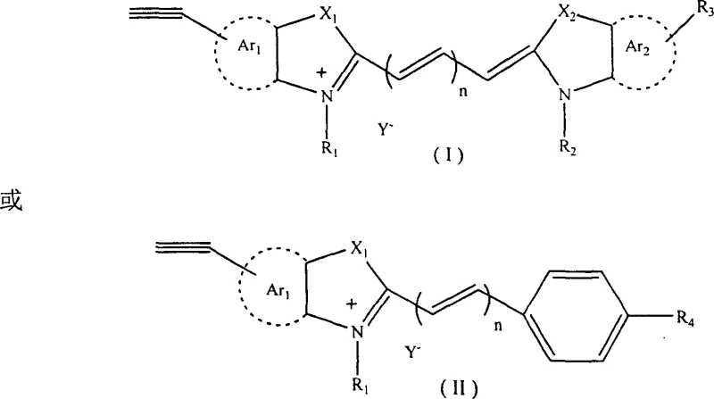 General structure of terminal alkynyl cyanine dyes showing aromatic rings Ar1/Ar2 and polymethine chain
