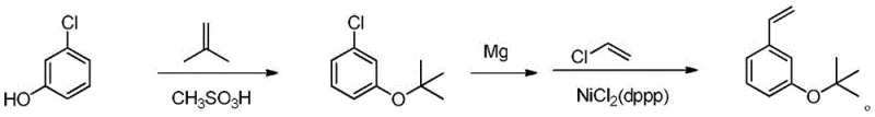 Complete reaction scheme showing etherification followed by Kumada coupling to form 3-tert-butoxystyrene