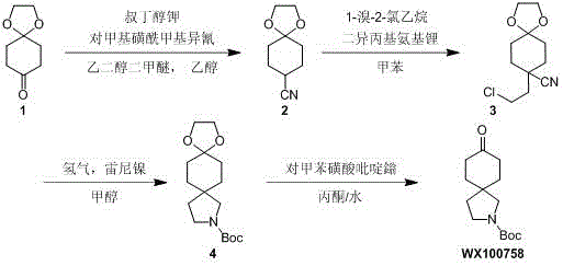 Overall four-step synthetic route for tert-butyl-8-oxylidene-2-azaspiro decane-2-formic acid ester