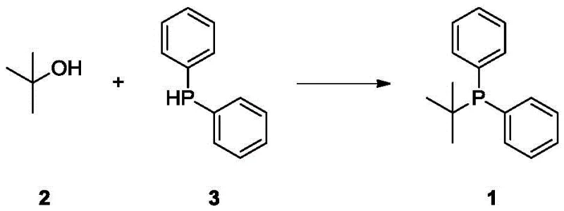 Reaction scheme showing the synthesis of tert-butyldiphenylphosphine from tert-butanol and diphenylphosphine using a metal oxide catalyst