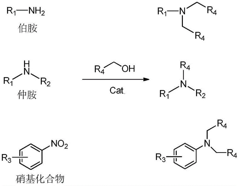 General reaction scheme showing the synthesis of tertiary amines from primary amines, secondary amines, or nitro compounds reacting with alcohols under iridium catalysis