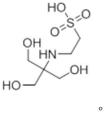 Chemical structure of 2-[[tris(hydroxymethyl)methyl]amino]ethanesulfonic acid showing the sulfonic acid group and tris-hydroxymethyl moiety
