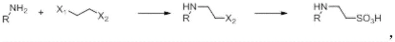General reaction scheme showing the conversion of amine and dihaloethane to the sulfonic acid product via sodium sulfite