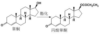 Reaction scheme showing the esterification of Testosterone to Testosterone Propionate