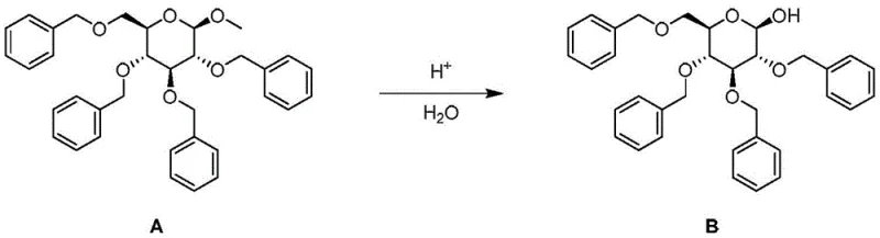 Chemical reaction scheme showing the acid-catalyzed hydrolysis of 2,3,4,6-tetrabenzyl glucoside (Compound A) to 2,3,4,6-tetra-O-benzyl-D-glucose (Compound B) using H+ and water.