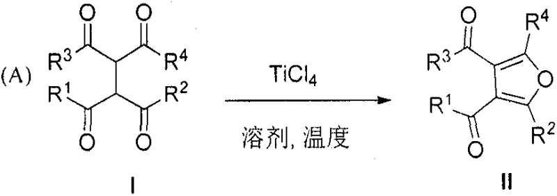General reaction scheme showing the conversion of tetracarbonyl compounds to tetra-substituted furans using TiCl4