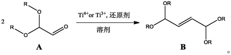 General reaction scheme showing the conversion of 2,2-dialkoxyacetal (Compound A) to 1,1,4,4-tetraalkoxy-2-butene (Compound B) using Titanium and reducing agent