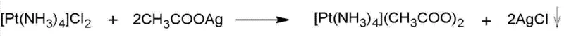 Chemical reaction equation showing the synthesis of tetraammine platinum acetate from dichlorotetraammine platinum and silver acetate