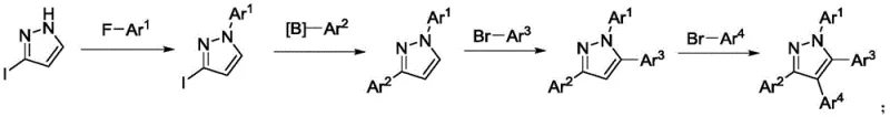 Multi-step palladium-catalyzed synthesis of tetraaryl pyrazoles involving expensive reagents and long reaction times