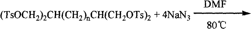 Reaction scheme showing the nucleophilic substitution of tosylate groups with sodium azide to form the tetraazide product