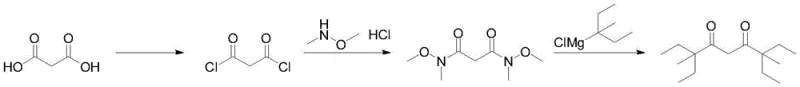 Overall three-step synthesis route from malonic acid to 2,2,6,6-tetraethyl-3,5-heptanedione via Weinreb amide