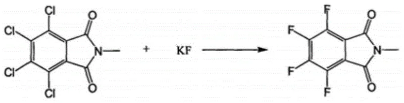 Chemical reaction scheme showing the fluorination of 3,4,5,6-tetrachloro-N-methylphthalimide to 3,4,5,6-tetrafluoro-N-methylphthalimide using KF and a phase transfer catalyst