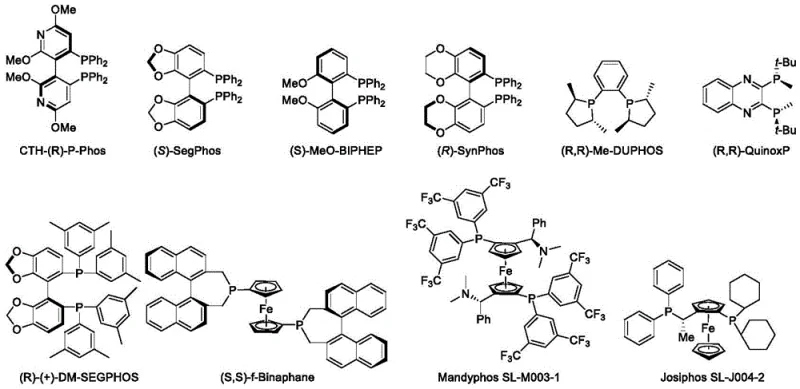 Structures of various chiral phosphine ligands used in the catalytic system