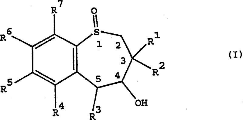 General Formula I structure of enantiomerically enriched tetrahydrobenzothiepine 1-oxide showing variable substituents R1 through R7