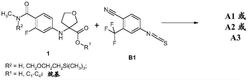 Novel synthesis Scheme 2 showing coupling of intermediate 1 with B1 to form final products A1-A3