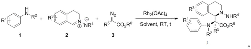 Reaction scheme showing three-component coupling of aniline, cyclic imine and diazo compound