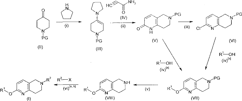 General synthetic scheme for tetrahydronaphthyridine derivatives showing enamine formation and cyclization