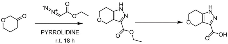 Conventional synthesis route using explosive ethyl diazoacetate showing safety hazards