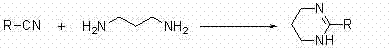 General reaction scheme showing the synthesis of 1,4,5,6-tetrahydropyrimidine derivatives from nitriles and 1,3-diaminopropane using copper cinnamate catalyst