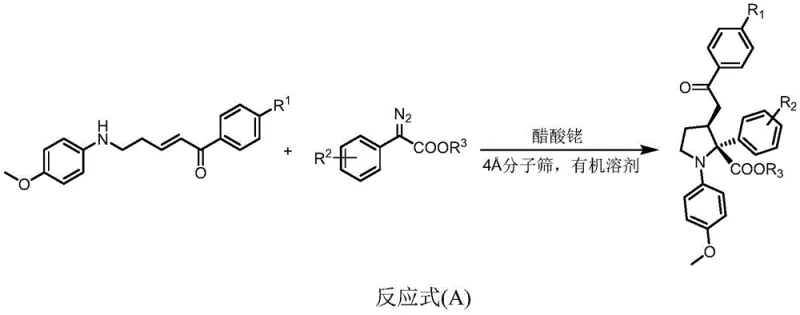 General reaction scheme A showing the synthesis of tetrahydropyrrole derivatives from diazo compounds and aryl ketenes using Rhodium Acetate