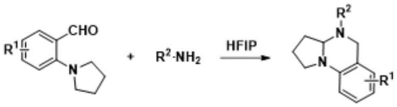 Cyclization reaction of ortho-substituted benzaldehyde with amine in HFIP to form tetrahydroquinazoline