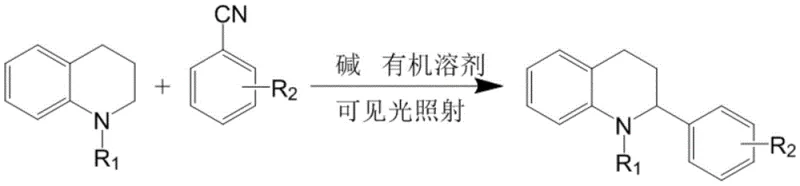General reaction scheme for visible light mediated arylation of tetrahydroquinoline with benzonitrile derivatives